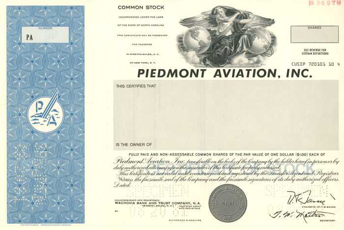 Piedmont Aviation, Inc. - Specimen Stock Certificate